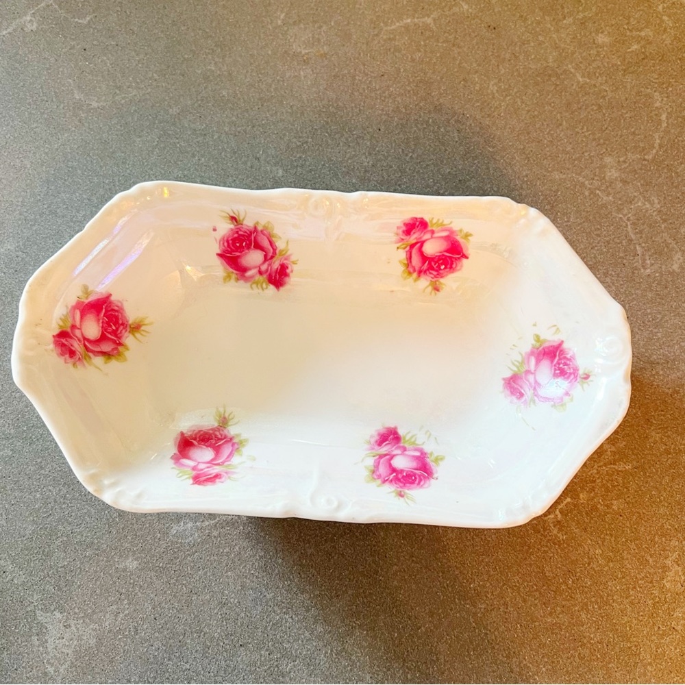 Vintage China Porcelain Relish Tray / Trinket Dish, pink roses, iridescent glaze